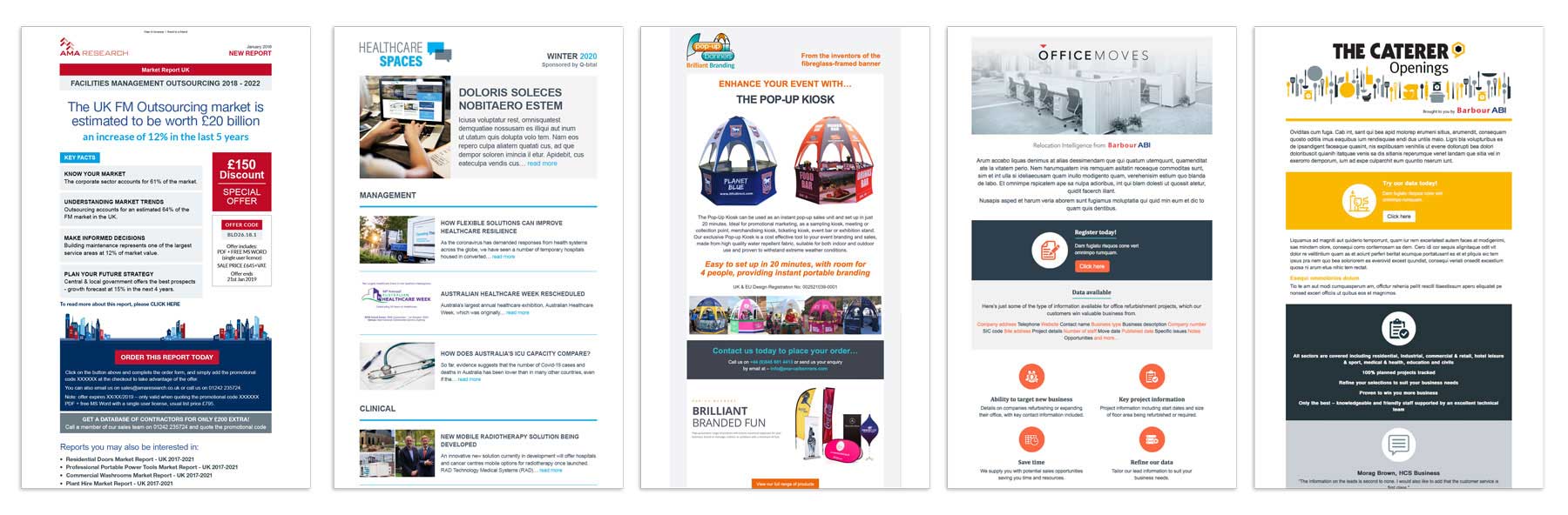 Five examples of html email marketing campaigns designed by The Creative Workshop.