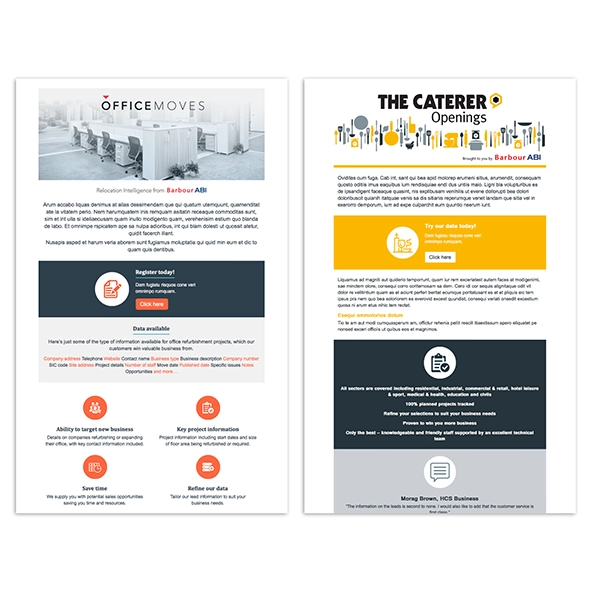 Two examples of html email marketing campaigns designed by The Creative Workshop.