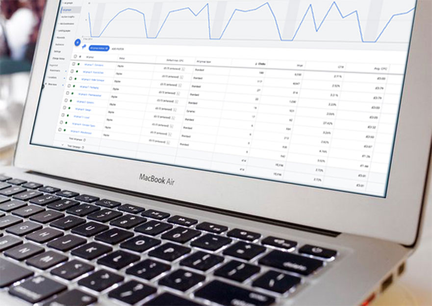 Photograph of a close up shot of a macbook displaying keywords and data on Google Ads