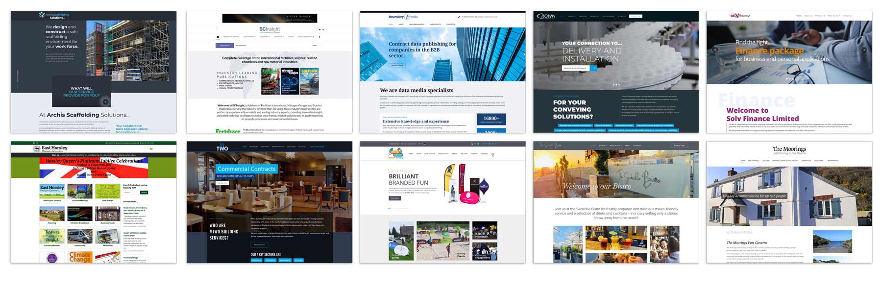 A range of website homepage screenshots, designed and built by The Creative Workshop.