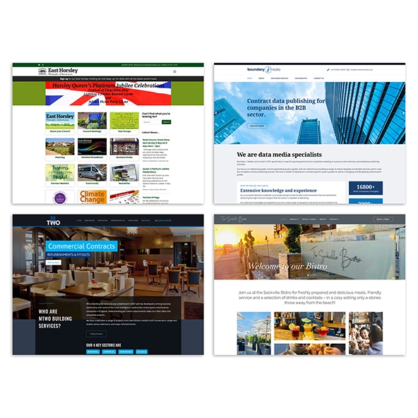 A range of website homepage screenshots, designed and built by The Creative Workshop.
